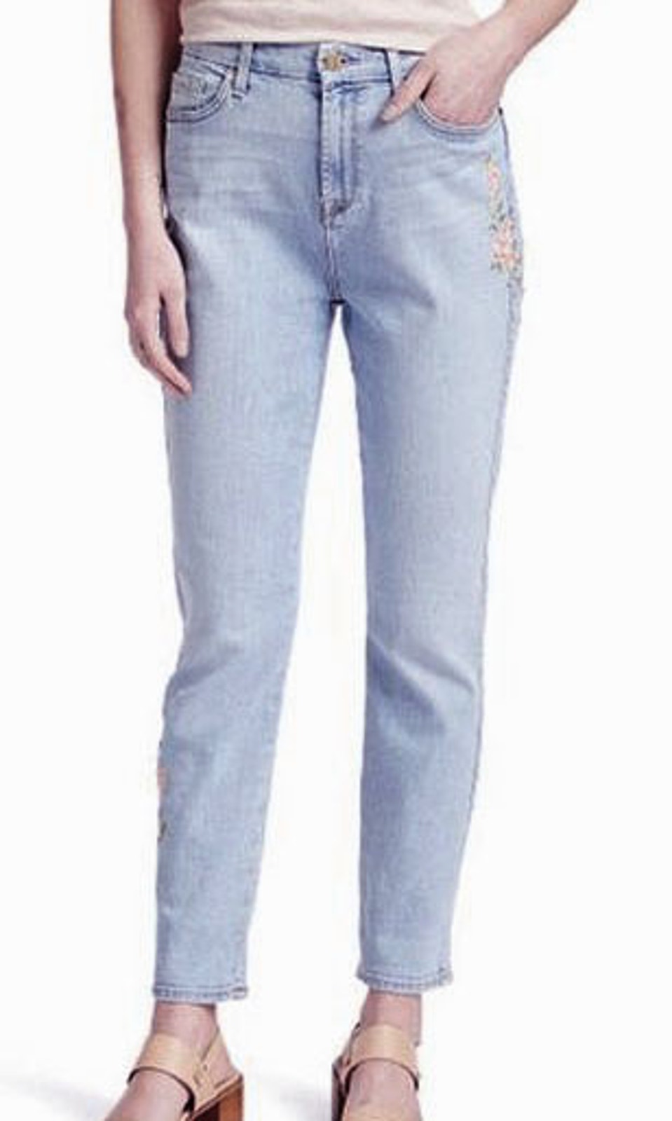 7 For All Mankind Jen7 Light Wash Embroidered Slim Boyfriend Jeans Women 14 16
